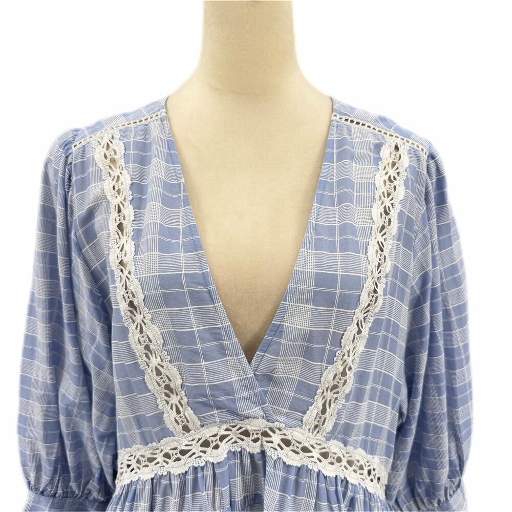 Free People Time Out Plaid Lace Trim 3/4 Sleeve Blue White 100% Cotton Tunic Top - Picture 4 of 10